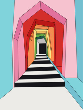 Cosmic Geometric Rainbow Portal Path with Door Frame to Surreal Void. Abstract, Minimalist Retro Background Poster