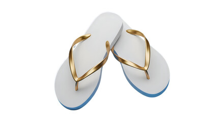 White flip flops with gold straps and blue trim isolated on a transparent background sandals