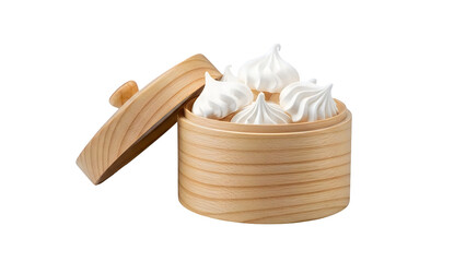 White Meringue Cookies in a Wooden Steamer Basket isolated on a transparent background sweet