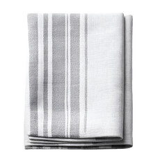 Folded gray and white striped linen kitchen towel isolated on white background