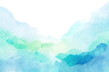 Watercolor style abstract landscape with blue, green, and white hues against a black backdrop