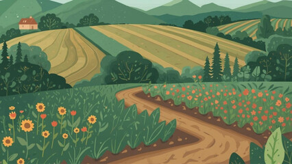 Serene countryside landscape with vibrant flowers and farmland © alp