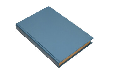 Closed blue book placed at angle isolated on white background, product photography for cover presentation and mockups.