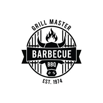 Vector illustration icon grill master barbecue logo design with bull head and flames