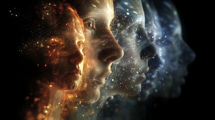 multiple translucent figures overlapping in time, each showing different emotions, surreal timeline layers with glowing dust particles 