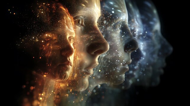 multiple translucent figures overlapping in time, each showing different emotions, surreal timeline layers with glowing dust particles 