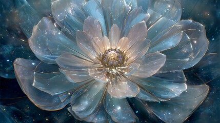 person’s chest opening like a flower releasing ethereal light, petals made of glass and energy, symbolic rebirth in harmony 