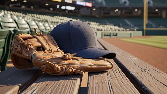 A baseball glove  cap rest on a dugout bench at an empty ballpark with rows of seats and the field visible in the background