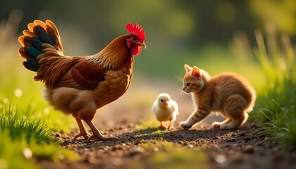 Fototapeta premium Rooster, Chick, and Kitten on Sunlit Countryside Path – Farm Animals, Nature Interaction, and Rural Lifestyle Photography