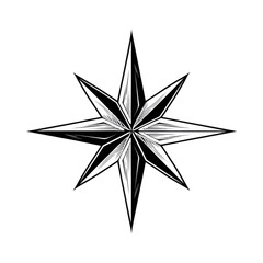 Obraz premium Monochrome compass rose illustration, eight pointed star with shading on black backdrop