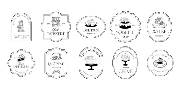 Retro pastry shop and bakery label set. Vintage illustrations of cakes and sweets for cafe logos and branding. 