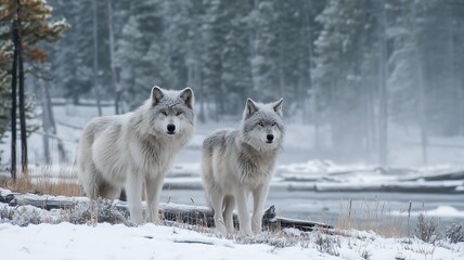 Obraz premium Two wolves standing together in a snowy forest landscape viewed from a distance