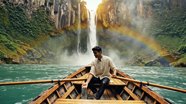 Man rows boat past vibrant waterfall and rainbow in stunning natural landscape