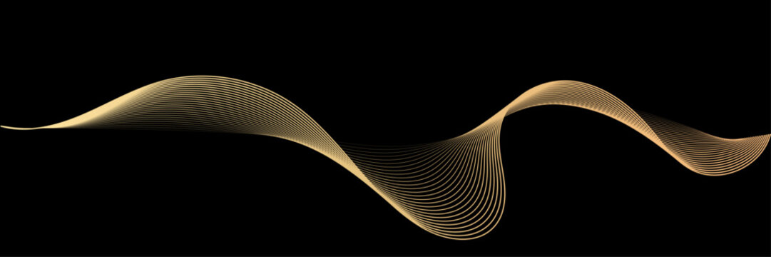 3D vector pattern of gold waves in a smooth curve, flowing dynamic golden gradient wavy lines isolated on black background concept of luxury, digital, AI, technology, communication, science, music