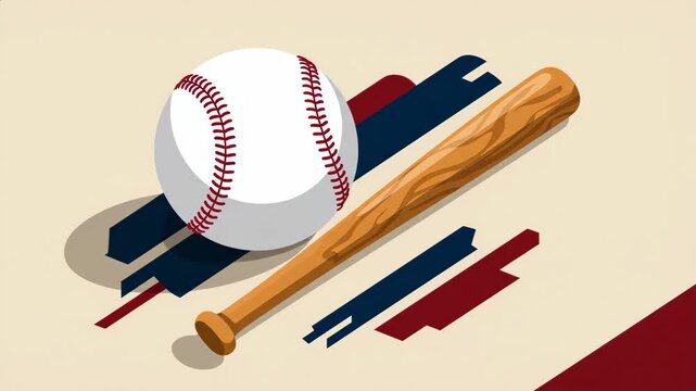 A baseball and bat sit atop patterned blue and red stripes against a creamcolored background