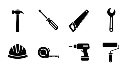 Fototapeta premium Construction tools icons set with hammer drill helmet and wrench vector 