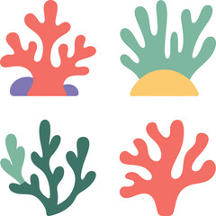 Colorful Abstract Coral Reef Collection Flat Design Marine Ocean Underwater Decorative Elements Set Isolated on Light Background