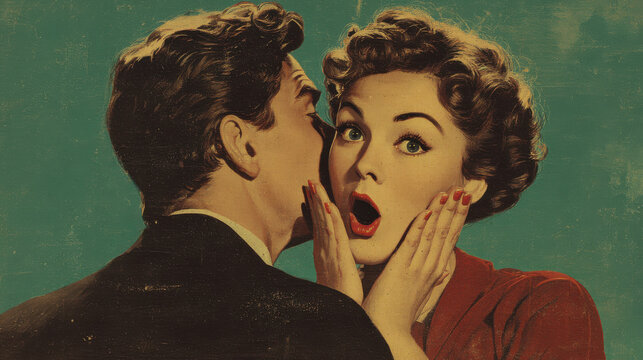 Vintage romantic couple embracing and kissing in classic 1950s illustration style for valentine celebration and love themed design