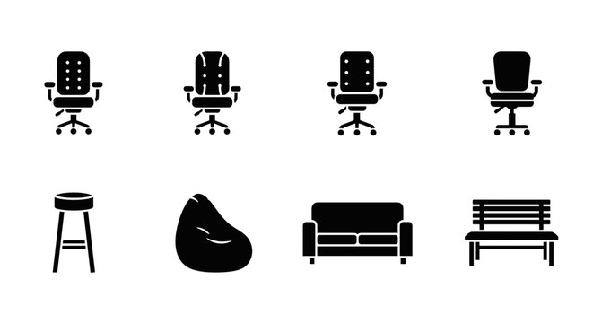 Furniture icons set with chair sofa bench stool and beanbag
