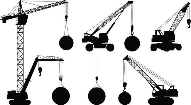Black vector silhouette set of industrial cranes and wrecking balls for heavy construction demolition site engineering building maintenance and machinery branding design,