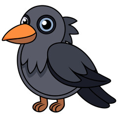 Fototapeta premium Cute cartoon crow with large orange beak and fluffy feathers on simple white background