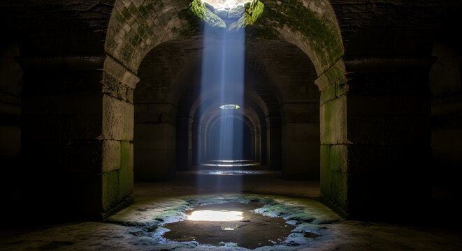 Interior of Roman Cisterns of La Malga with light beam in Carthage