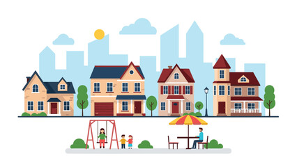 Fototapeta premium Beautiful neighborhood features a row of colorful suburban houses with a city skyline in the background and a park with children playing.
