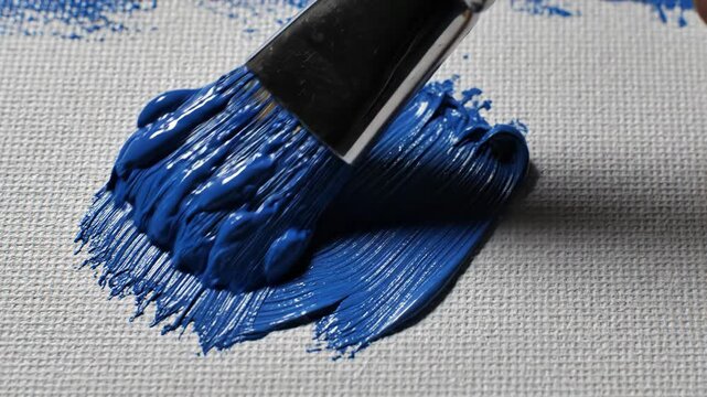 A blue paint stroke is being applied with a paintbrush onto a textured white canvas