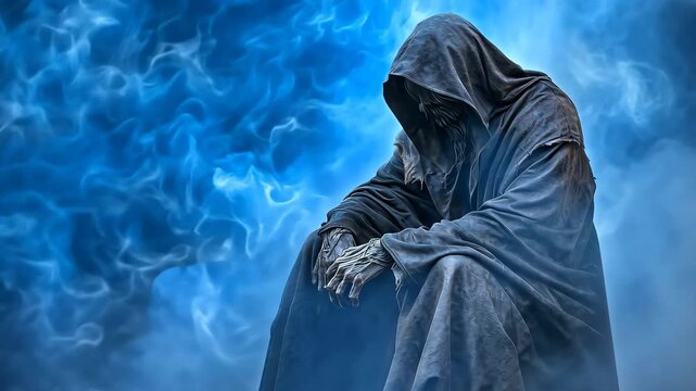 Melancholy in the Mist: A cloaked figure, shrouded in mystery and despair, sits amidst swirling, ethereal blue mist, embodying a profound sense of isolation and introspection.