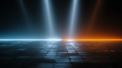 Obraz premium Spotlights Shine Down on a Dark Tiled Floor with Beams of Light