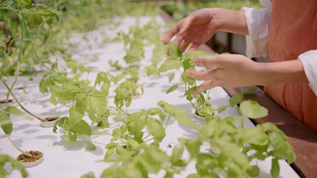 Woman cares plants in a hydroponic greenhouse focused on organic farming and healthy eating