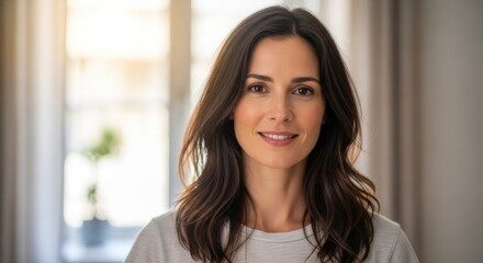 Fototapeta premium A woman with long, dark brown hair smiling at the camera.