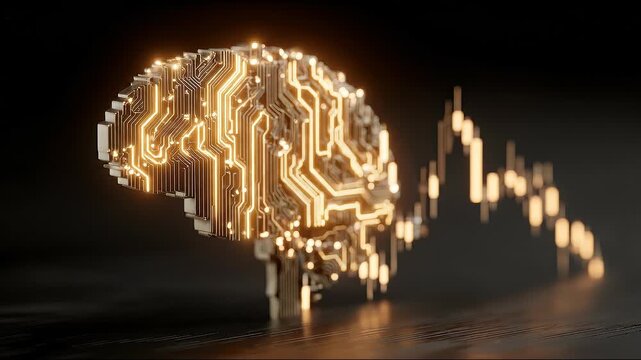 Illuminated Circuit Brain with Financial Signals Representing an AI Pattern Recognition Engine.