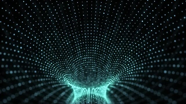 Futuristic sci-fi circle portal in space. 3D blue ai tunnel with dots and lines. Abstract digital wormhole data. Flow particle by funnel. Fantasy circle vortex on dark background. 3D rendering.