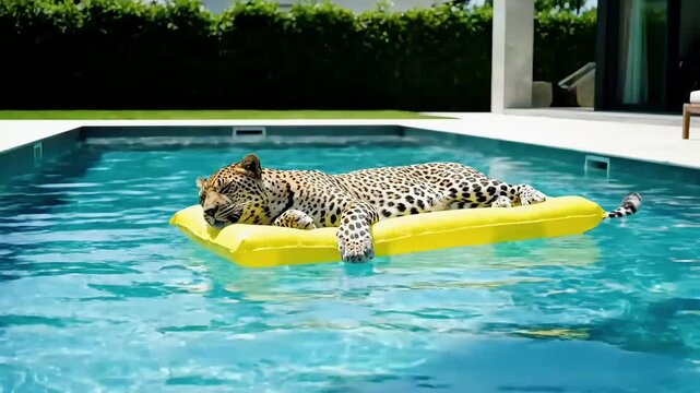 Leopard Relaxing on Yellow Floatie in Luxury Swimming Pool on Sunny Day