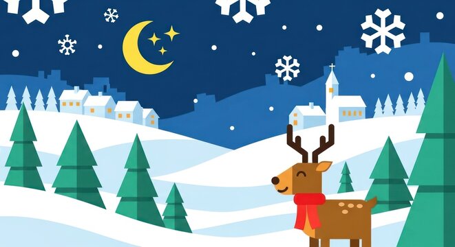 A festive winter scene with a reindeer, snowflakes, and a moon in the sky.