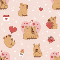 Naklejka premium Seamless pattern with Cute Valentine Capybaras. Loving Capybaras with Hearts, Gifts, and Romantic Elements. Adorable Vector Illustration.