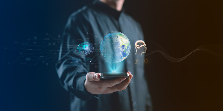 Artificial intelligence and human intelligence shaping the future, shown through a digital globe emerging from a device, symbolizing global technology, innovation and human-centered AI transformation.