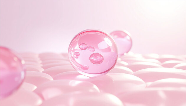 ピンクの美容オイルカプセルと肌のうるおいイメージ（保湿・バリアケア）/ Pink beauty oil capsule and hydrated skin concept, moisturizing barrier care