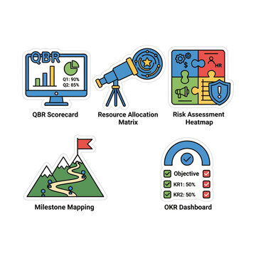 business strategy and project management icons okr dashboard qbr scorecard risk assessment resource allocation and milestone mapping for corporate planning.