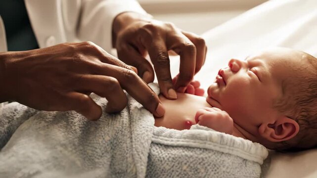 Doctor examining newborn baby in hospital, checking health and well-being.