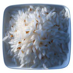 A white square bowl filled with uncooked white rice grains on transparent background