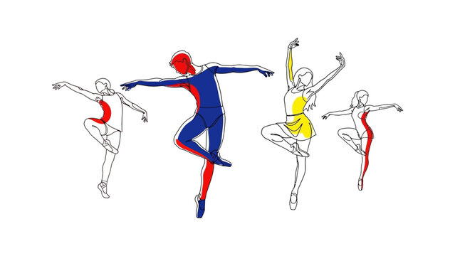 dynamic line art dancers in ballet poses with red blue yellow accents minimalist illustration of artistic movement and grace.