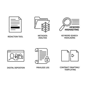 e-discovery and legal tech icons for document management redaction metadata digital deposition privilege logs contract drafting.