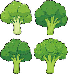 Four images of green, healthy vegetables with floret tops and thick, sturdy stems on a black background