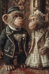 A whimsical 3D render of two monkey figurines dressed in wedding attire, standing together in an elegant, ornate setting.