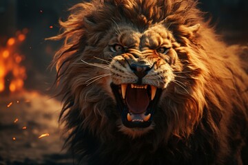 A majestic lion roars fiercely with flames in the background, showcasing raw power and intensity in a dramatic, high-detail digital illustration.