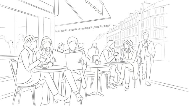 line art drawing of people relaxing at a parisian street cafe drinking coffee and reading capturing classic european urban life.