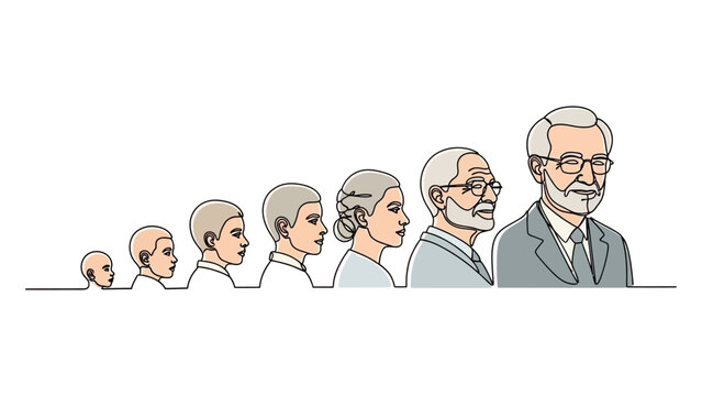 minimalist continuous line drawing depicting a mans life cycle from baby to elderly symbolizing human aging and developmental stages.