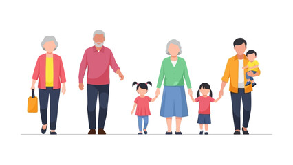 Obraz premium multi-generational family portrait featuring grandparents parents and children walking together hand in hand illustrating family bonding and support.